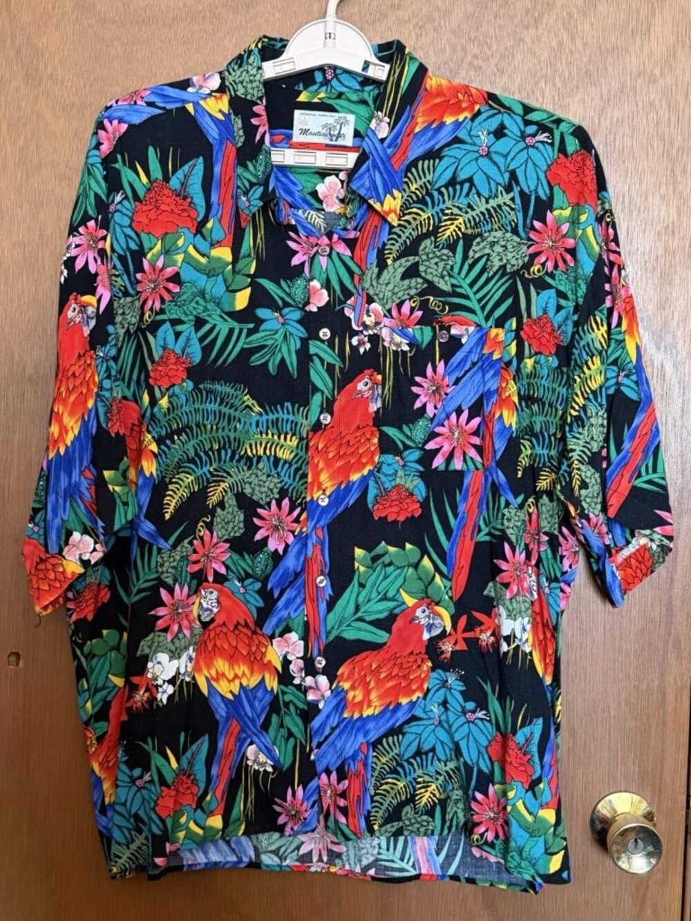 Monticerutti‎ Hawaiian Shirt Parrots Floral Button Up Short Sleeve Men's  XL